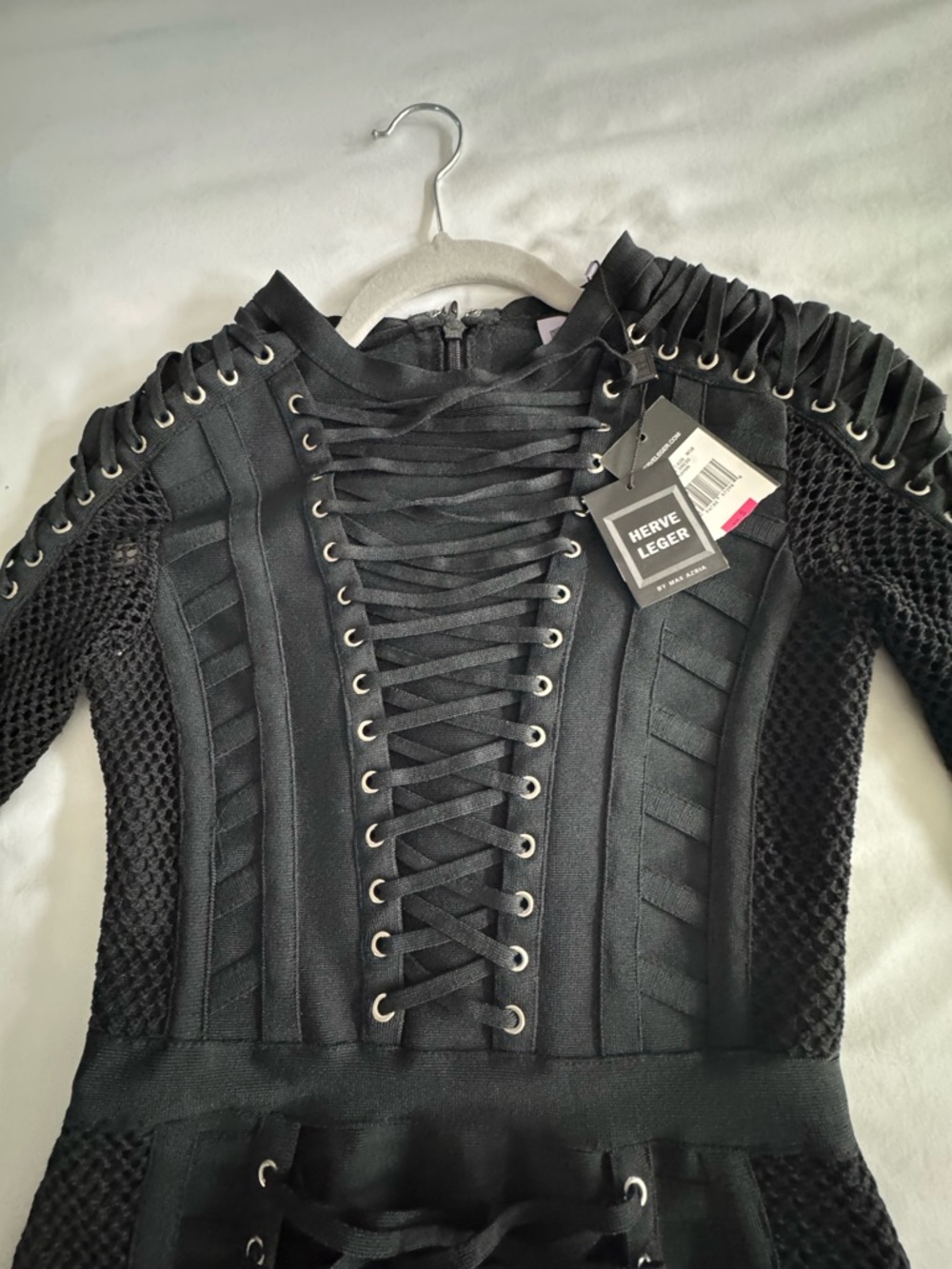 Herve Leger Black Lace-Up Long Sleeve Mini Dress - Picture 2 of 5